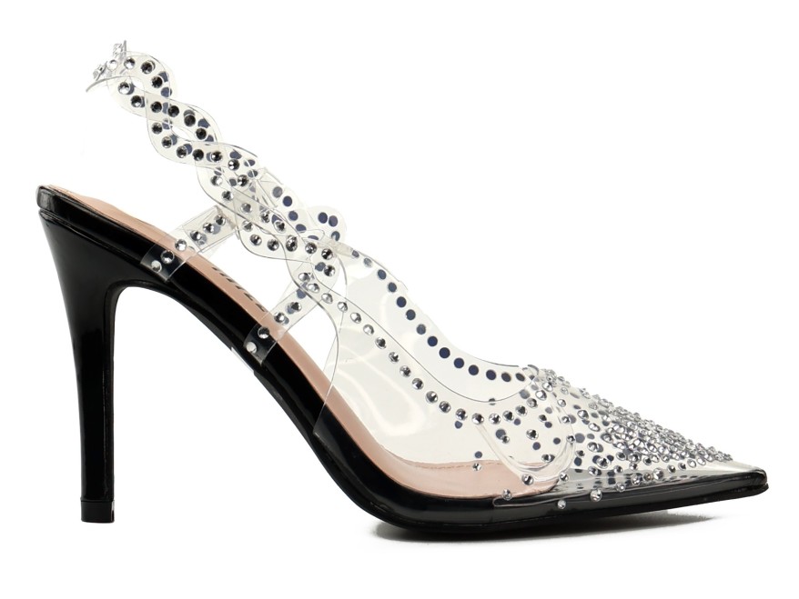 Transparent women's stilettos with zircons and black heel 10 cm