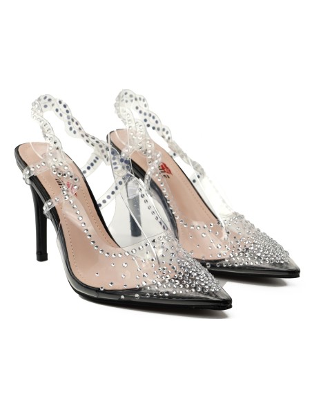 Transparente Damenstilettos mit Zirkonen und schwarzem 10 cm Absatz