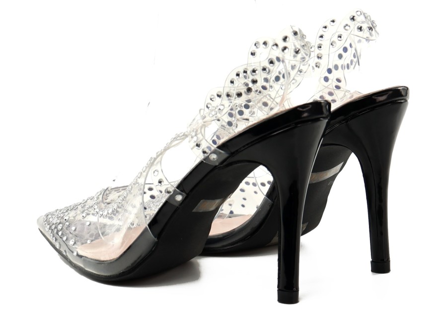 Talons aiguilles transparents pour femmes avec zircons et talon noir de 10 cm