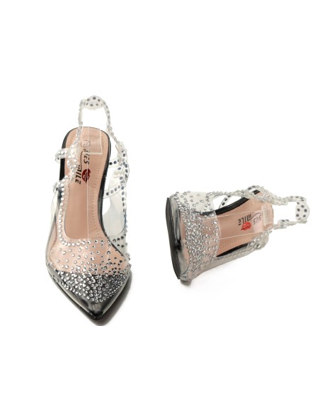 Transparente Damenstilettos mit Zirkonen und schwarzem 10 cm Absatz