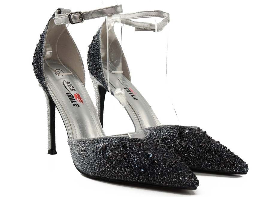 Black and silver women's ombre stilettos with zircons and ankle strap