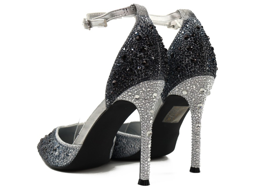 Чорно-сріблясті жіночі шпильки омбре з цирконами та ремінцем на щиколотці