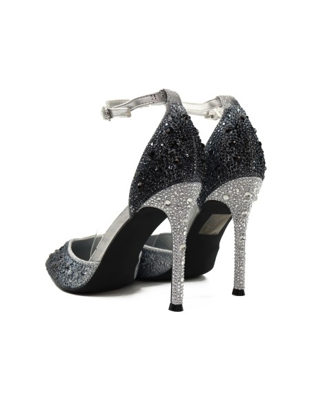 Tocuri stilettos ombre pentru femei negre și argintii cu zirconii și curea la gleznă