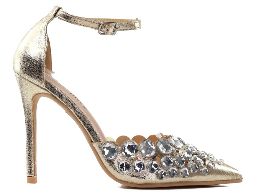 Goldene Damenstilettos mit Zirkonia-Knöchelriemen