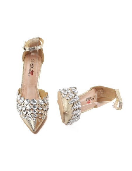 Tocuri stilettos aurii pentru femei cu curea de gleznă din zirconiu