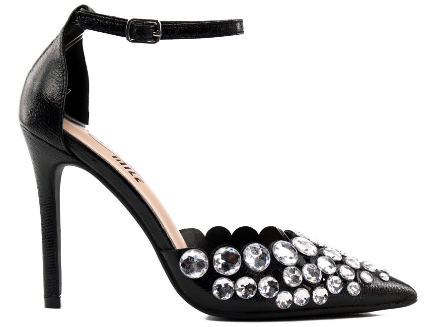 Black women's stilettos with zirconia ankle strap