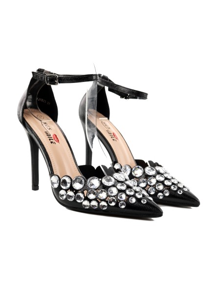 Sieviešu melni stilettes ar cirkoniju siksniņu