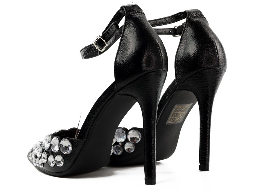 Tocuri stilettos negre de damă cu curea de gleznă din zirconiu