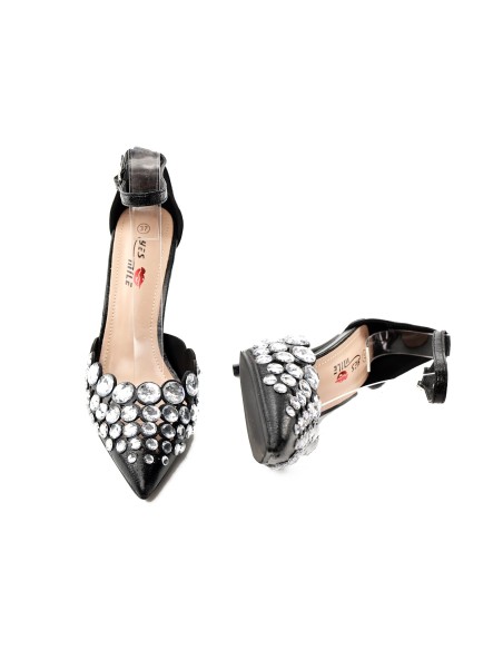 Black women's stilettos with zirconia ankle strap