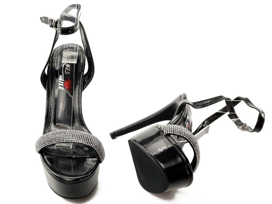 Black platform stilettos with zircons and a 13 cm strap