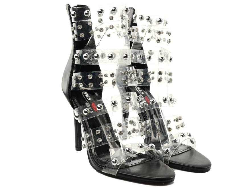 Sandales noires à talon aiguille avec tige transparente et zircons