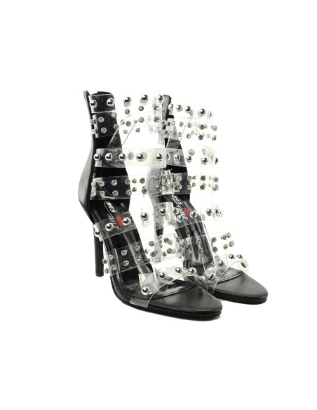Schwarze Stiletto-Sandalen mit transparentem Schaft und Zirkonen