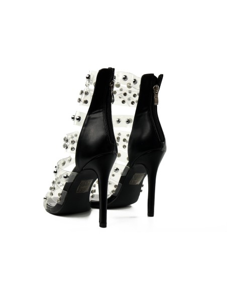 Schwarze Stiletto-Sandalen mit transparentem Schaft und Zirkonen