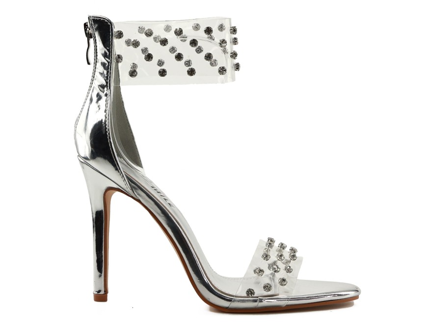 Sandales à talon aiguille en argent avec zircon transparent glamour