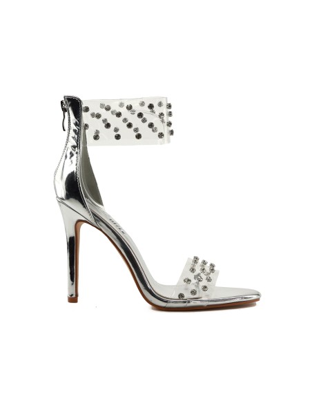 Silver stiletto sandals with zircons transparent glamour