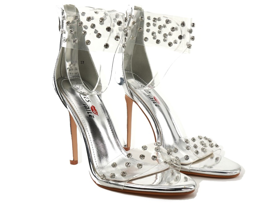 Sandales à talon aiguille en argent avec zircon transparent glamour