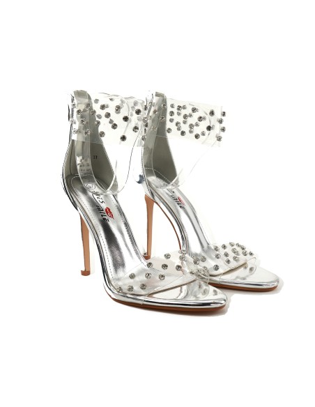 Silver stiletto sandals with zircons transparent glamour