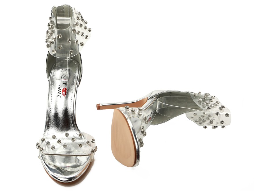 Sandale stiletto argintii cu zirconiu transparent glamour