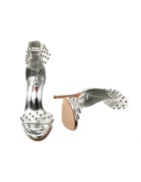 Silberne Stiletto-Sandalen mit transparentem Glamour-Zirkonia