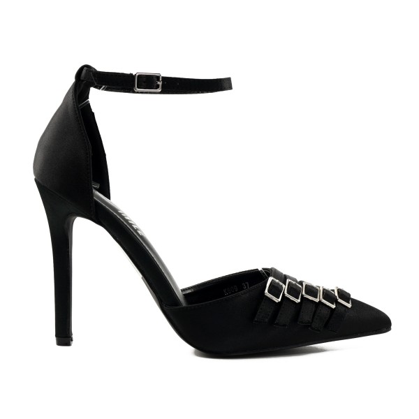 Talons aiguilles noirs avec lanières et boucles en satin 11 cm