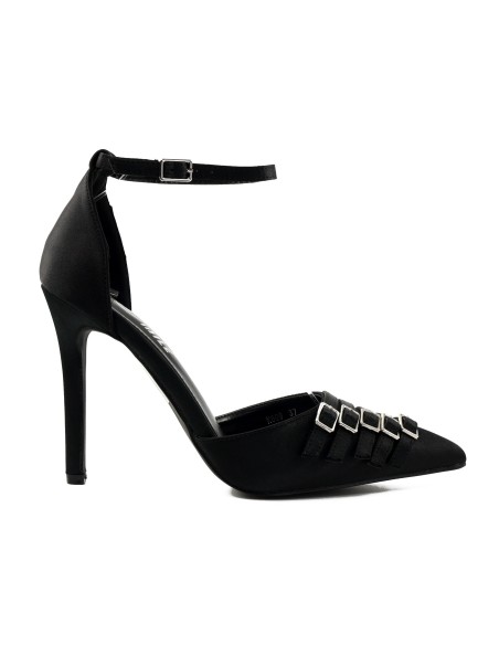 Чорні шпильки з ремінцями та атласними пряжками 11 см