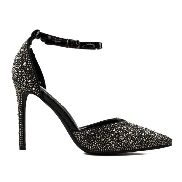 Melni stilettos ar cirkoniem un tapām potītes siksna 10 cm