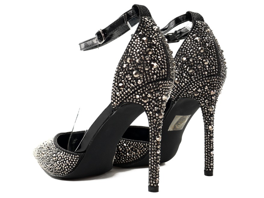Black stilettos with zircons and studs strap around the ankle 10 cm