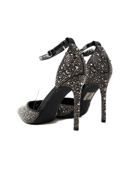Talons aiguilles noirs avec zircons et clous, bride cheville 10 cm