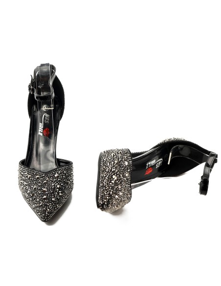 Black stilettos with zircons and studs strap around the ankle 10 cm