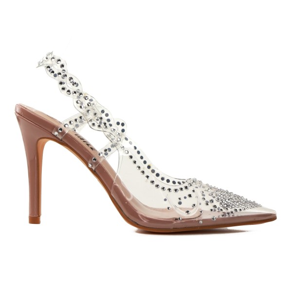 Nude Sandales à talons transparents pour femmes, ornées de strass