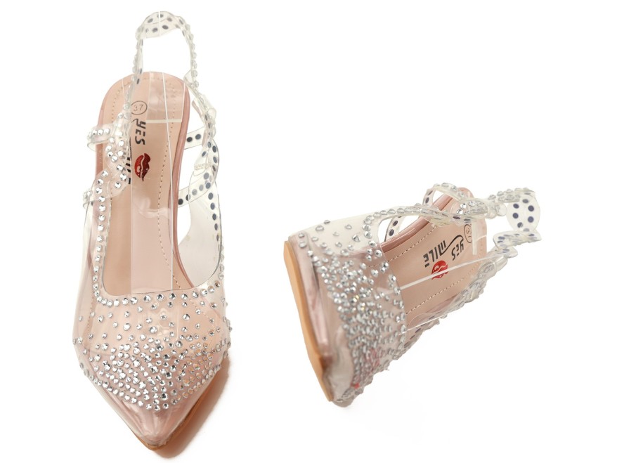 Nude Transparente Damen-Stilettos mit Strasssteinen – Sandalen