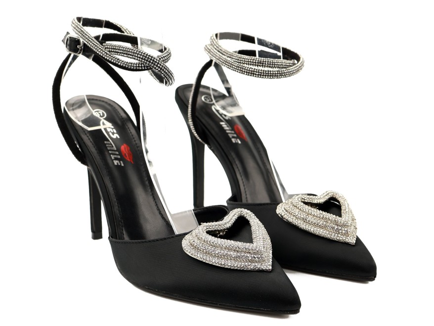 Black women's stilettos with a heart and rhinestones