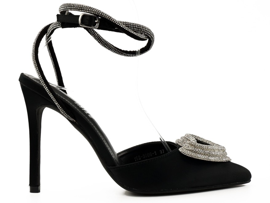 Schwarze Damen-Stöckelschuhe mit Herz und Strasssteinen