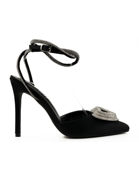 Black women's stilettos with a heart and rhinestones