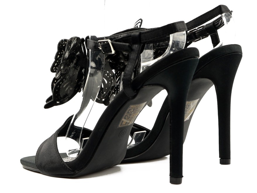 Black women's stiletto sandals with a butterfly and rhinestones