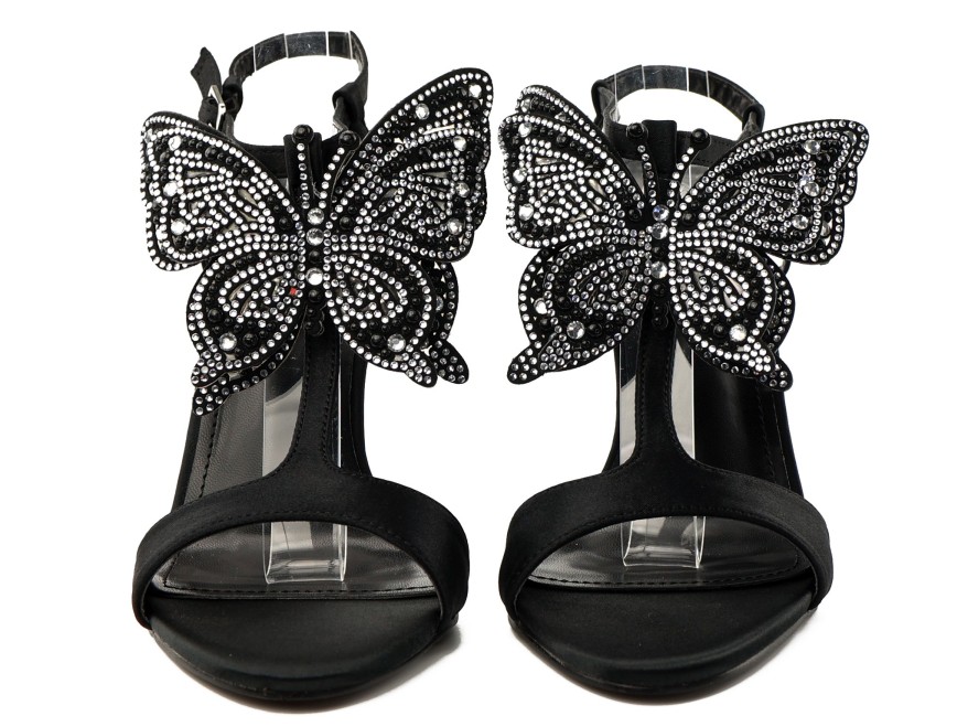 Sandales à talons aiguilles noires pour femme, ornées d'un papillon et de strass