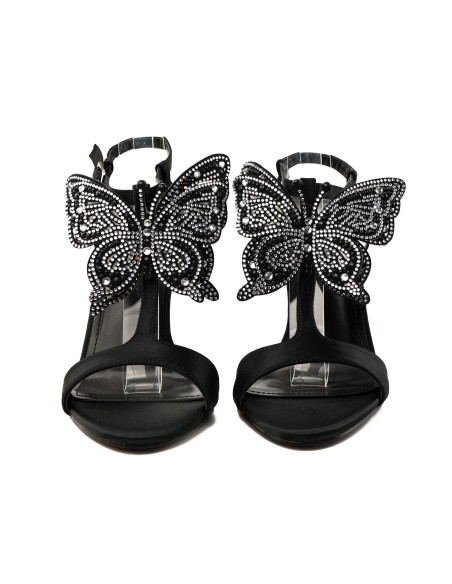 Black women's stiletto sandals with a butterfly and rhinestones