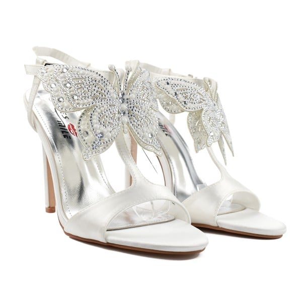 Weiße Hochzeitssandalen mit Stilettoabsatz, Schmetterling und Strasssteinen
