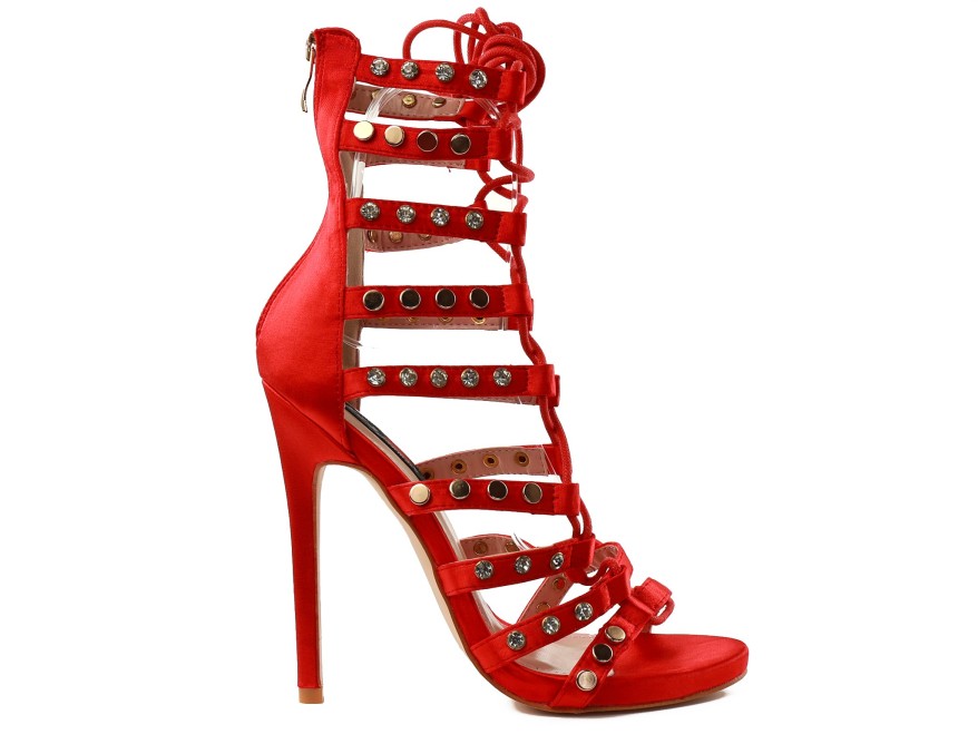 Red stiletto gladiator sandals with rhinestones and studs