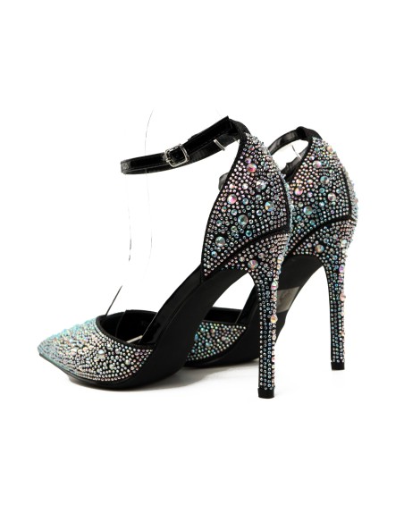Black stiletto heels with rhinestones and an ankle strap