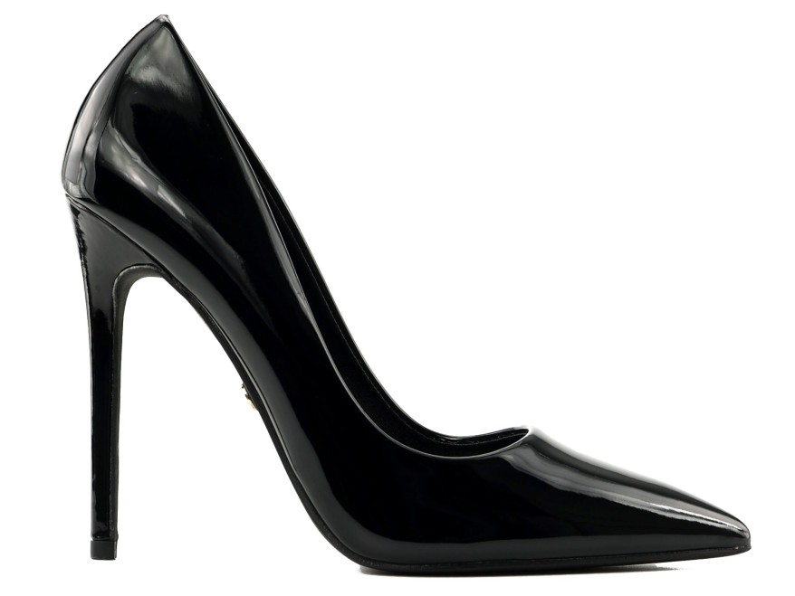 Black patent leather women's stiletto heels, 12 cm, pointed toe