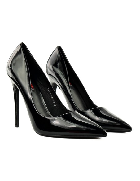 Black patent leather women's stiletto heels, 12 cm, pointed toe