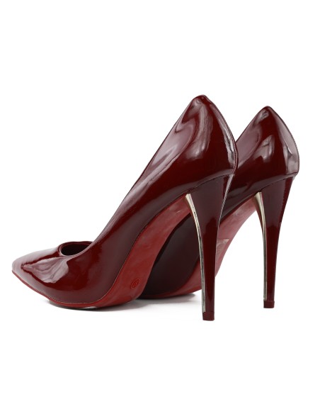 Burgundy patent leather women's stiletto heels, 10 cm, pointed toe