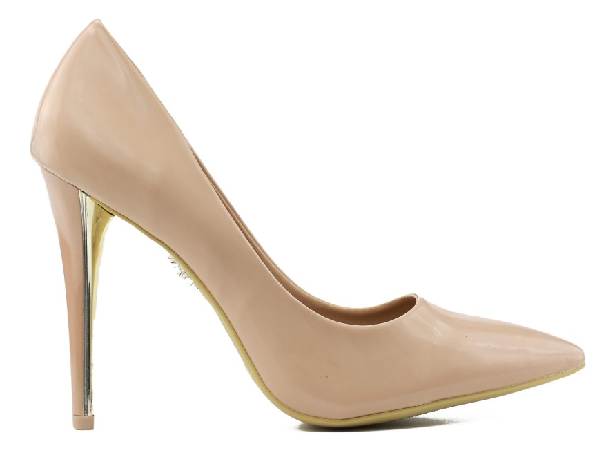 Introducing these beige stilettos made of patent faux leather