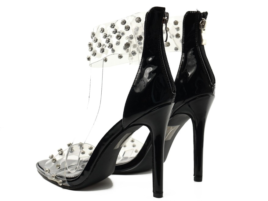 Black sheer stiletto heels with rhinestones, 11 cm