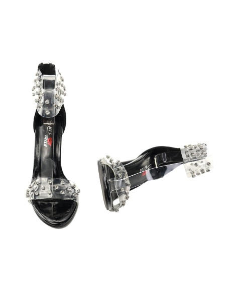 Black sheer stiletto heels with rhinestones, 11 cm