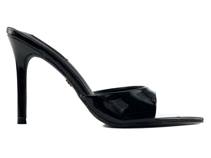 Sandales noires à talon aiguille pour femme, vernies et élégantes
