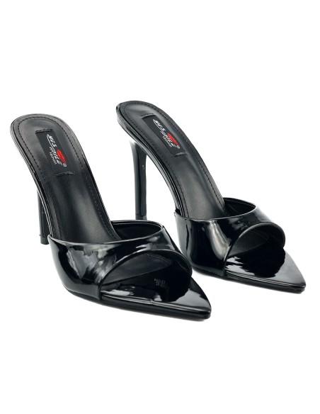 Sandales noires à talon aiguille pour femme, vernies et élégantes