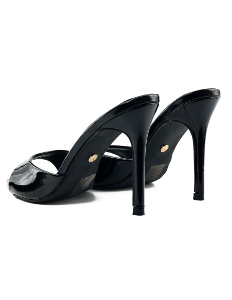 Sandale negre pentru femei, cu toc înalt, lăcuite, elegante