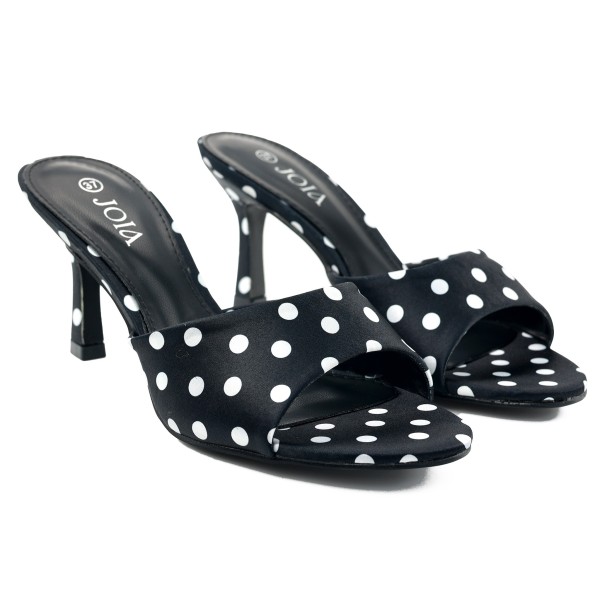 Schwarze Pumps mit Stilettoabsatz aus Satin mit weißen Punkten